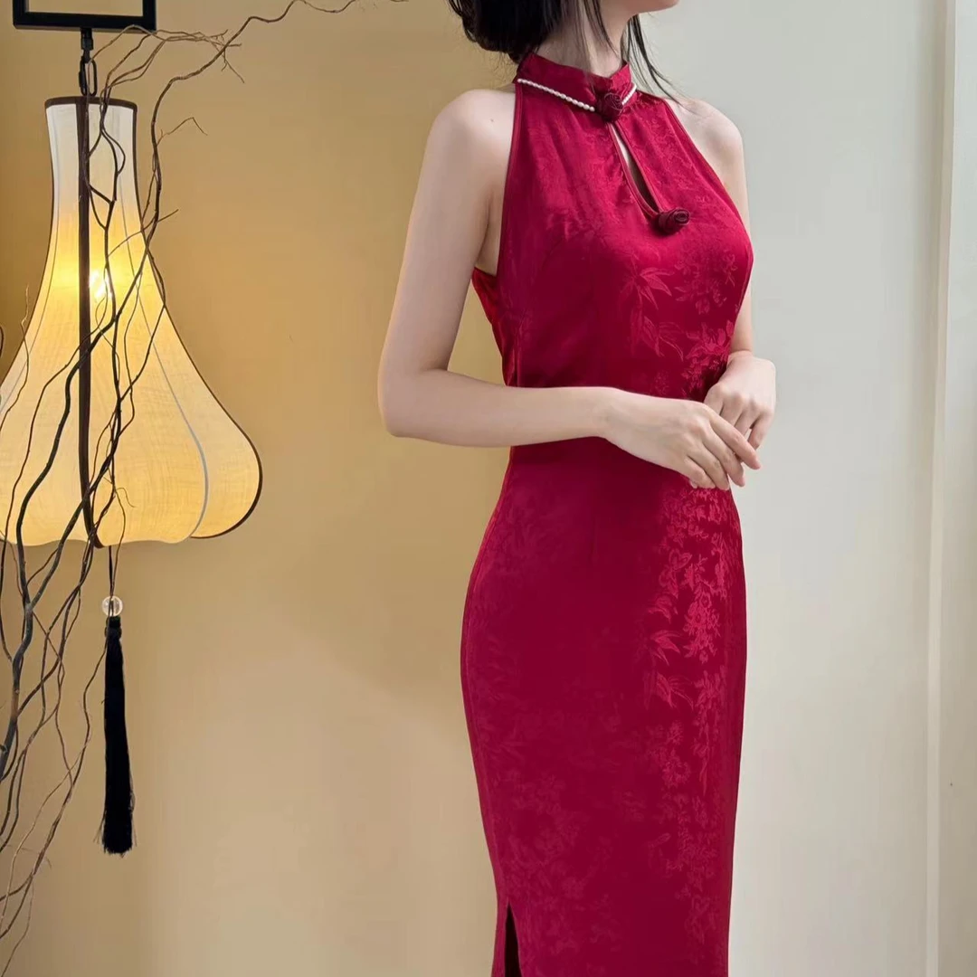 辛也东方美学 自制夏旗袍鸽血红高级提花缎面连衣裙  夏季鸽血红