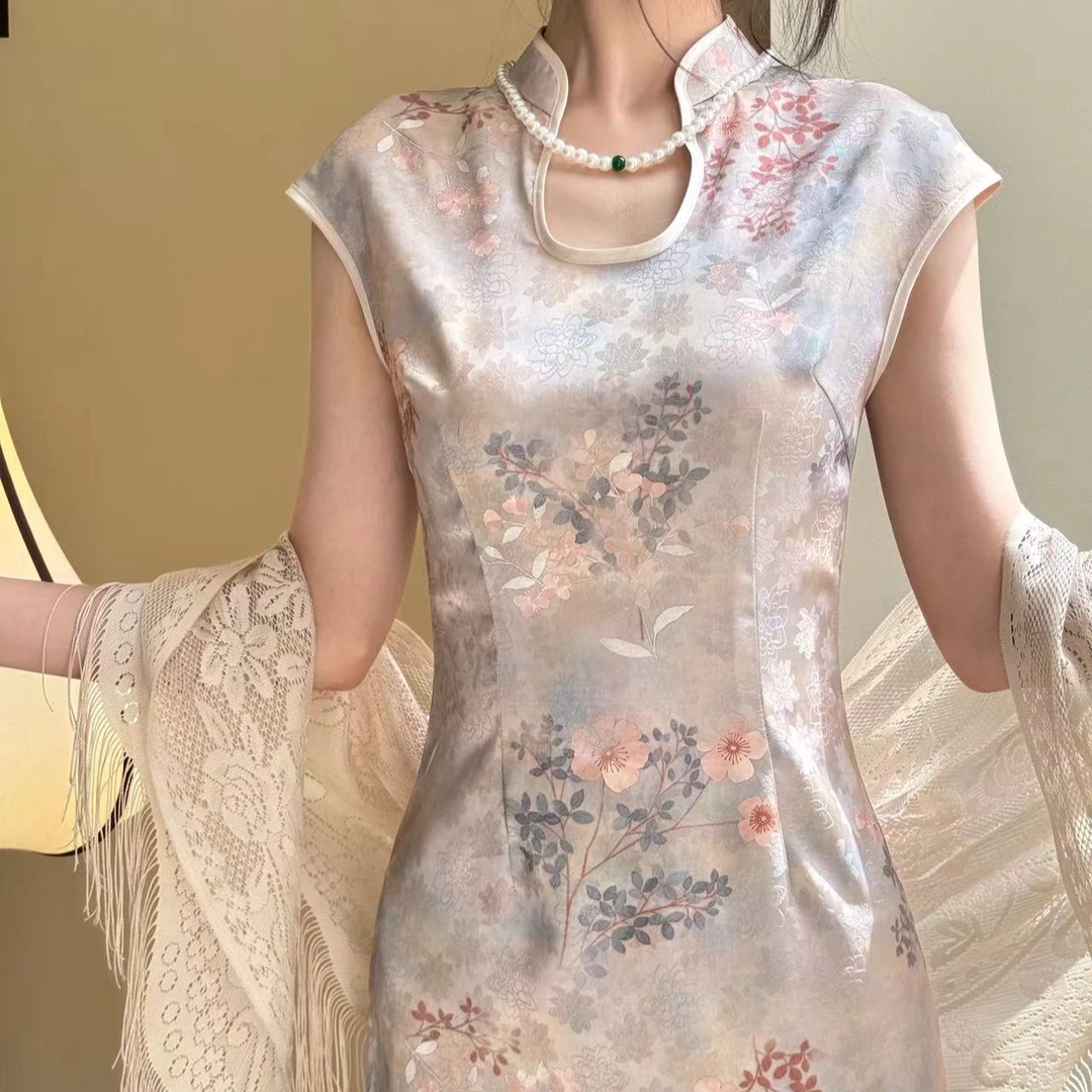 辛也东方美学 自制新中式国风高考毕业季改良水滴贝壳袖旗袍 芙渠