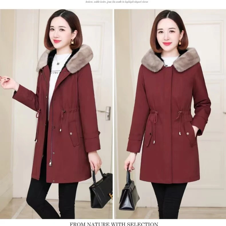 贵妃貂款新款派克服女中长款活里活面可脱卸水貂内胆