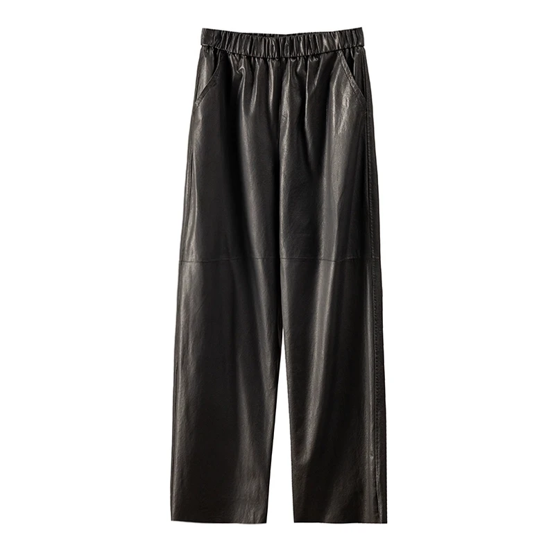 海宁真皮植鞣绵羊皮直筒阔腿拖地裤长裤宽松百搭气质款显瘦黑色