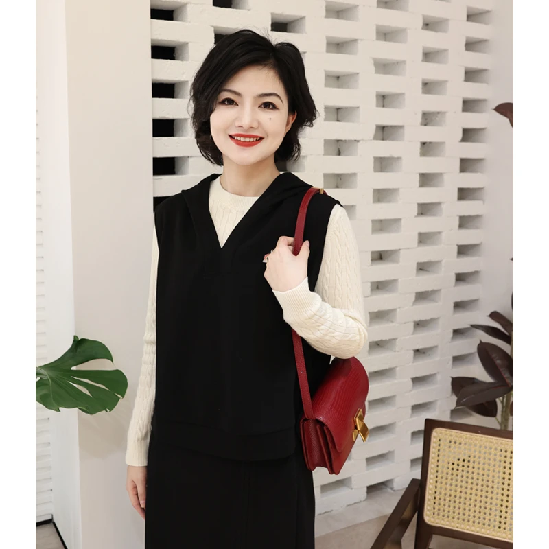 枫竺高端女装阿楠anan 秋季新款纯色连帽卫衣马夹无袖外套女