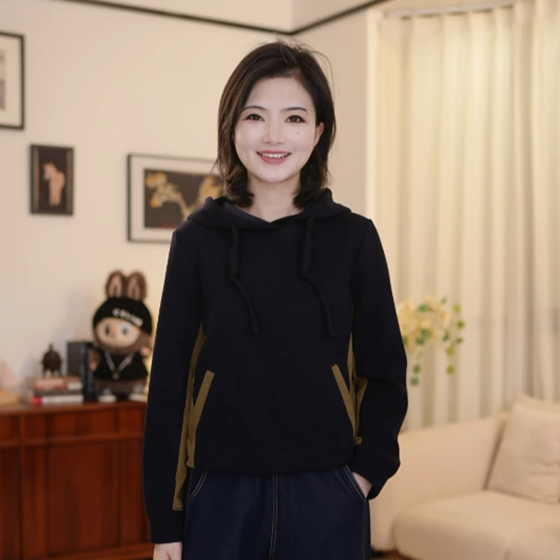 枫竺阿楠anan 简洁干练休闲风拼色口袋连帽长袖卫衣秋季女装外套