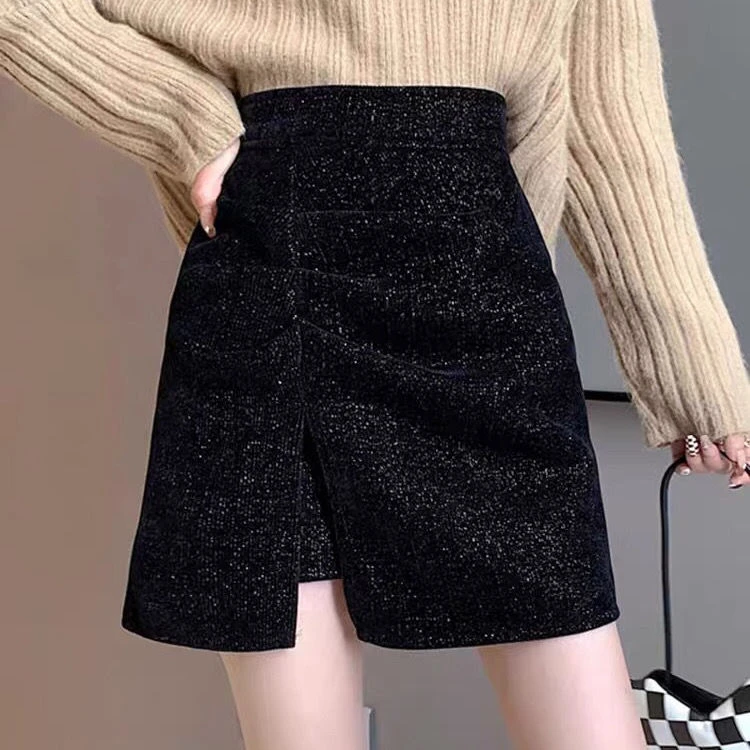 胖mm遮肚子半身裙秋冬开叉亮片包臀裙大码显瘦黑色a字高腰a字短裙