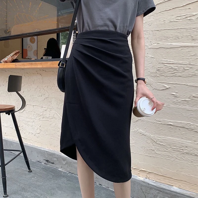大码不规则褶皱开叉半身裙中长高腰显瘦遮肚包臀裙a字中裙胖mm夏