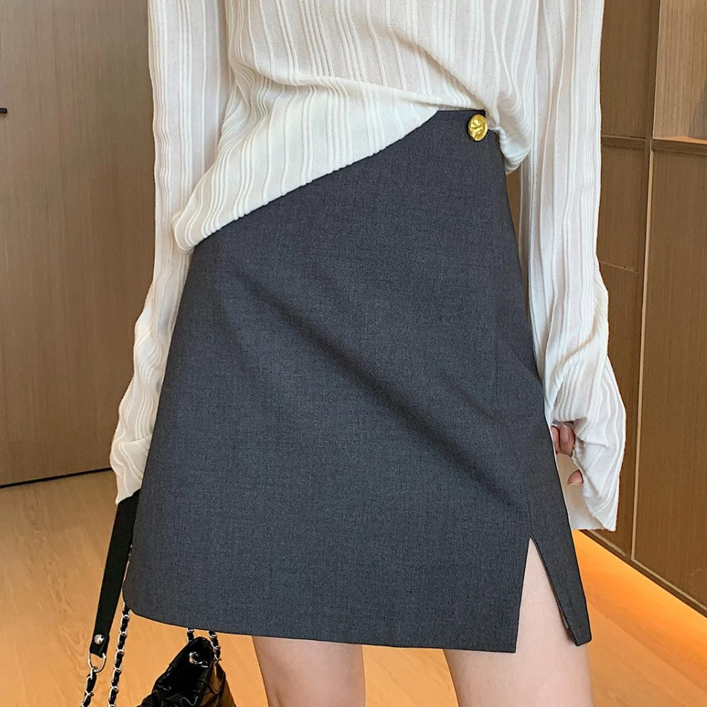 大码春夏设计感高腰灰色显瘦西装短裙包臀开叉A字裙防走光半身裙