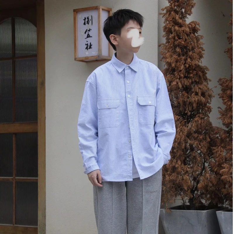 秋日系条纹蓝色cityboy工装衬衫牛津纺男女中性长袖休闲衬衣复古