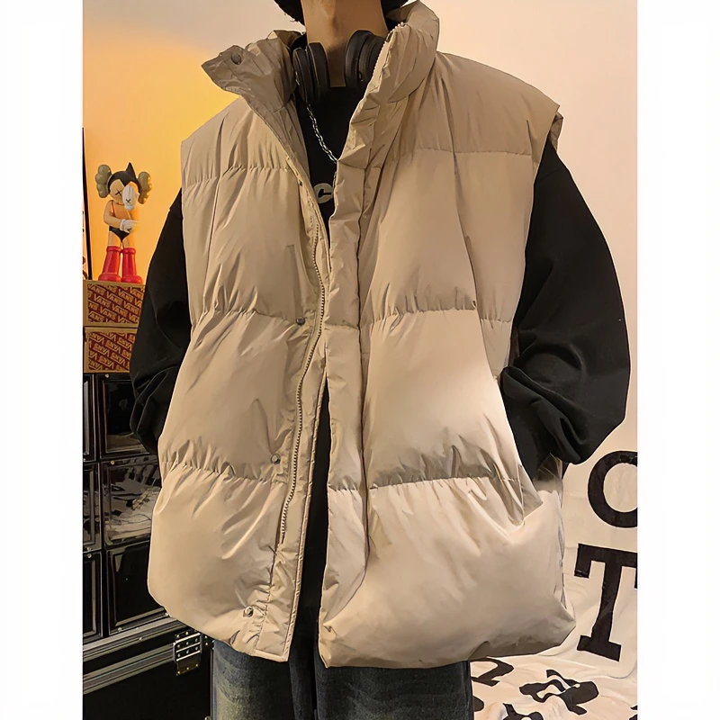 羽绒马甲男款秋冬立领宽松百搭无袖面包服坎肩港风外穿白鸭绒马夹