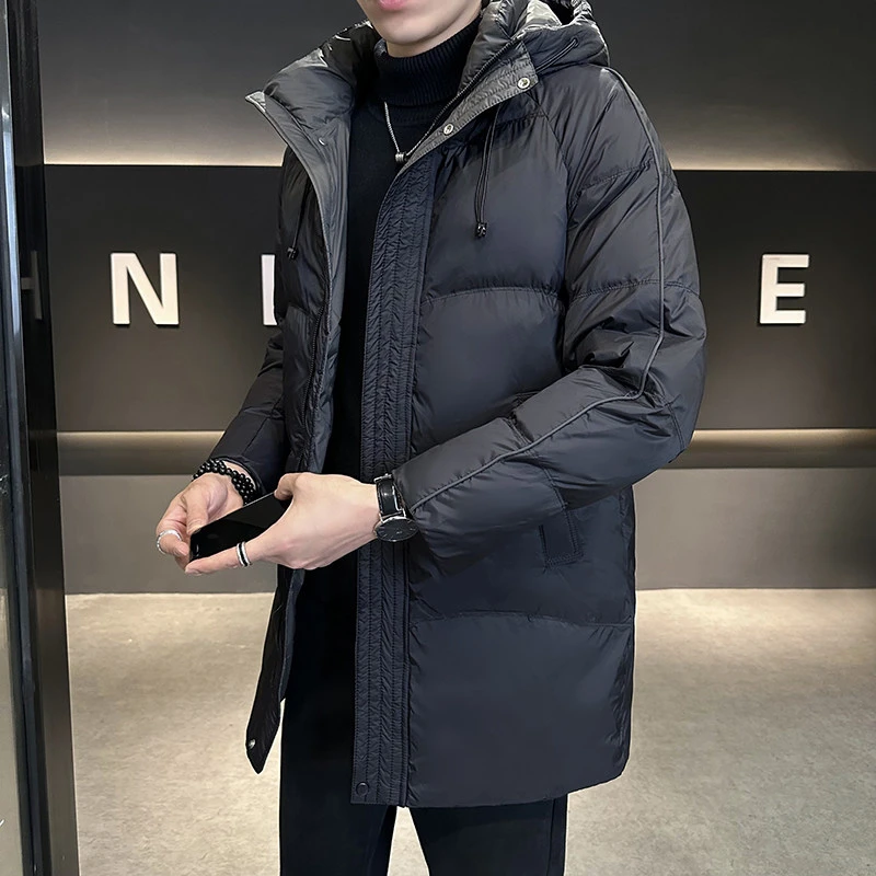 简约羽绒服男款秋冬款新款爆款宽松中长款御寒保暖连帽白鸭绒外套