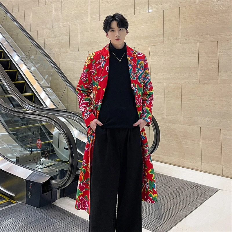 东北大花风衣男春秋中长款过膝大衣新中式国风设计感高级加棉外套