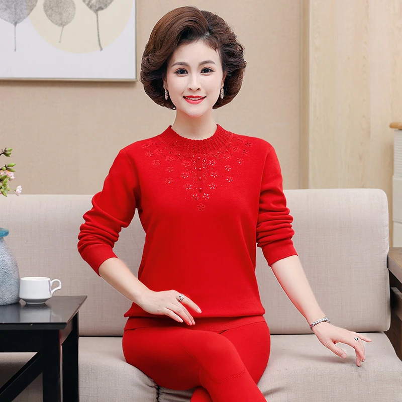 本命年妈妈装保暖内衣女士加绒加厚冬装衣服中老年人龙年红色套装