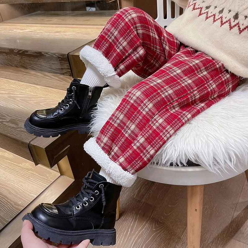 女童裤子休闲裤加绒加厚洋气宝宝外穿保暖韩版格子裤冬季小童外穿