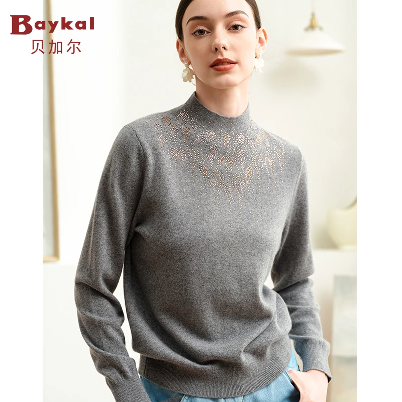 Baykal/贝加尔半高领华丽水钻毛衣保暖打底衫100%山羊绒24045