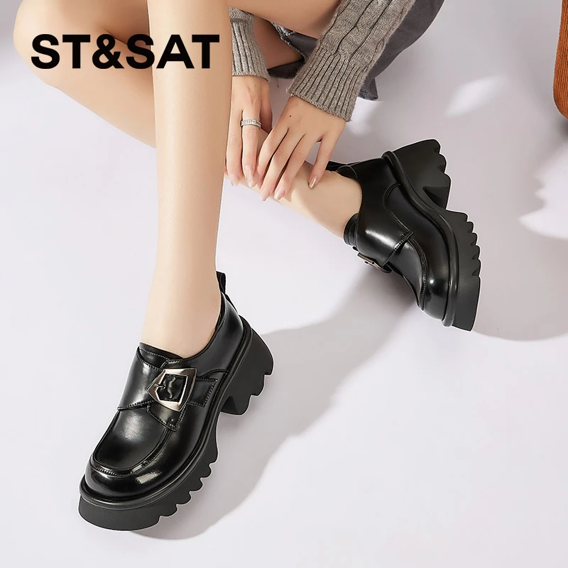 星期六春秋款女士粗跟百搭复古气质优雅甜美少女风圆头厚底乐福鞋