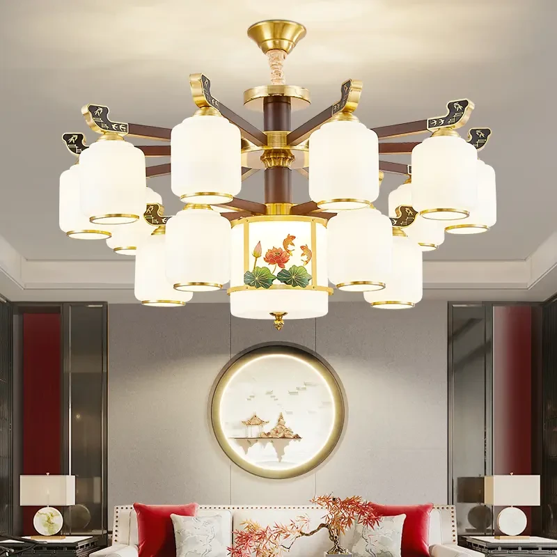 复式全铜实木新中式大吊灯中国风禅意简约大气别墅家用客厅全铜灯