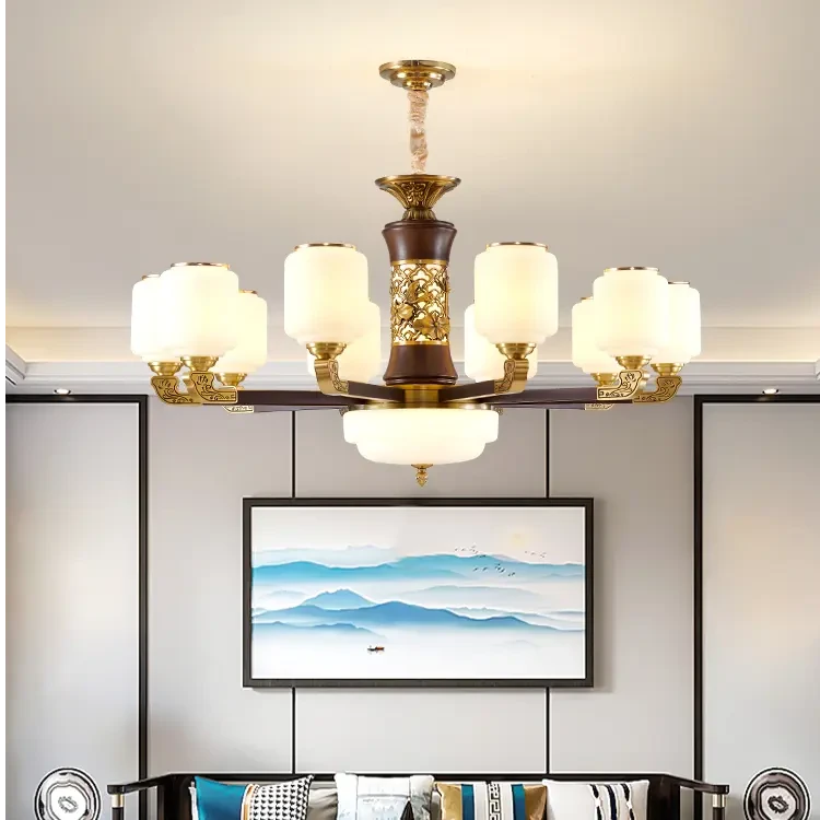 复式全铜实木新中式大吊灯中国风禅意简约大气别墅家用客厅全铜灯