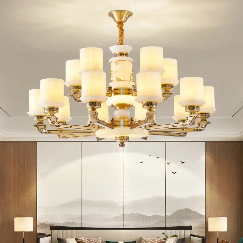 复式全铜玉石新中式大吊灯中国风禅意简约大气别墅高档客厅全铜灯