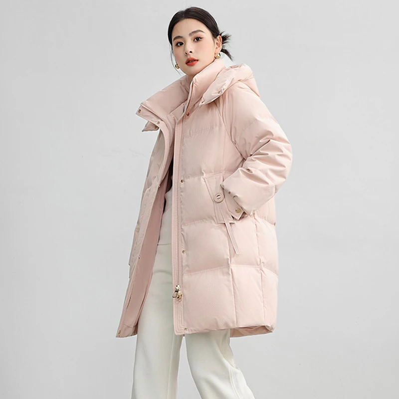 棉服女冬季2024年新款中长款纯色连帽加厚保暖通勤百搭棉衣外套