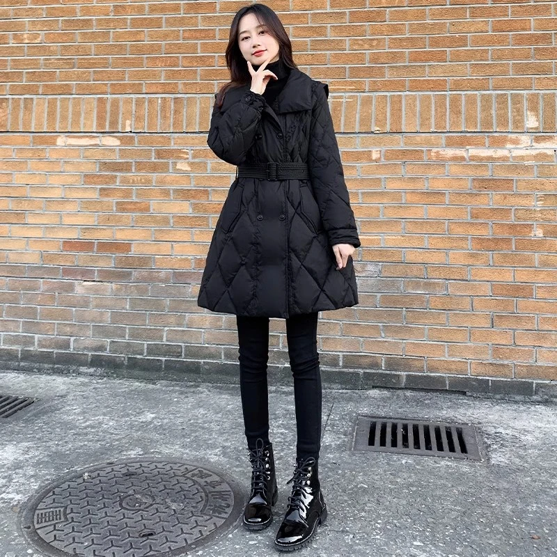 中长款修身显瘦棉服女黑色小个子海军领时尚收腰百搭新款外套潮