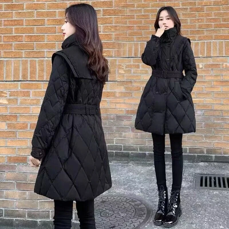 中长款修身显瘦小个子黑色棉服女海军领百搭时尚秋冬外套潮