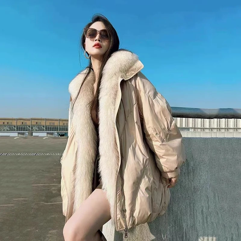 狐狸毛领宽松大码羽绒服女中长款2023冬季外套大衣加厚时尚百搭