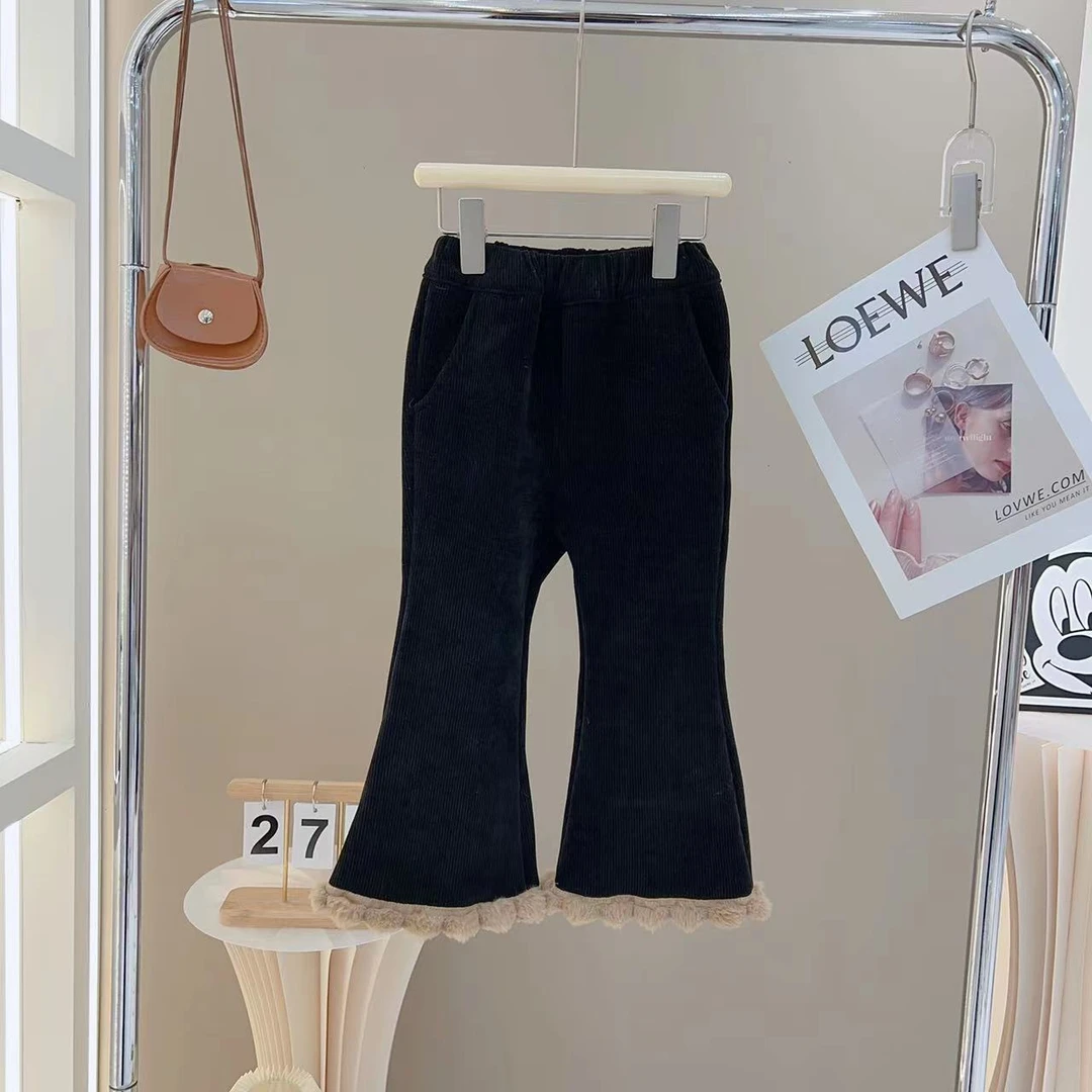 【现货在仓】2025秋冬季洋气纯色加绒加厚花边百搭阔腿裤