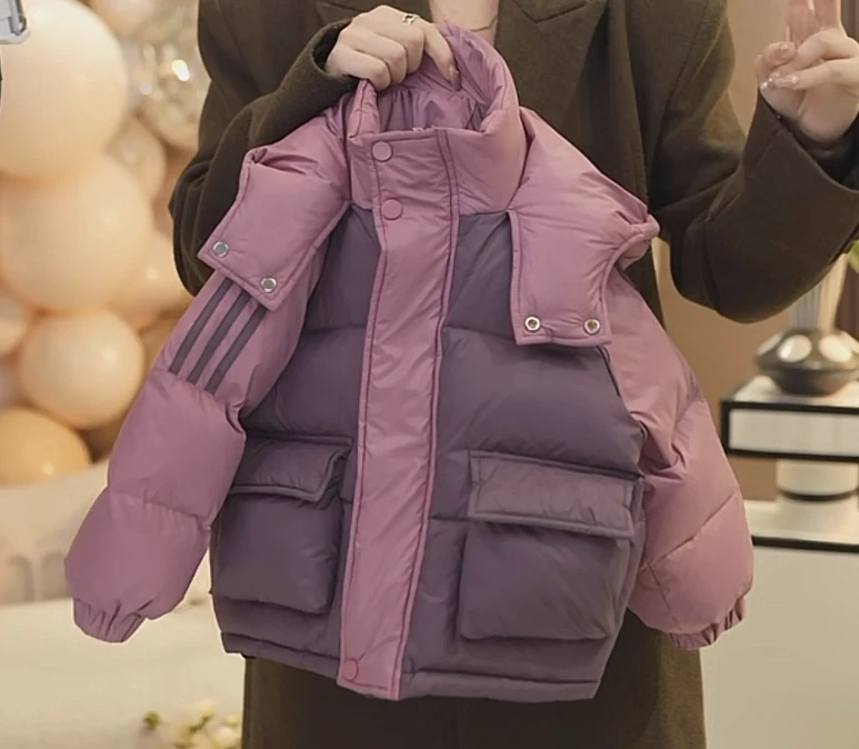 【米小洛】【90 白鸭绒】2023女童冬季韩版休闲时尚拼色连帽羽绒服