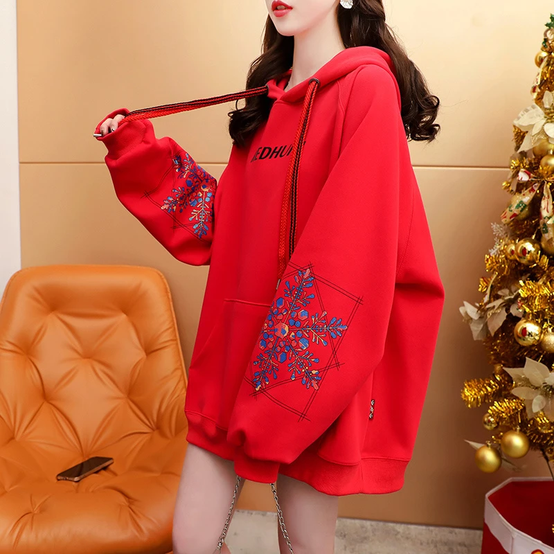 过年连帽新年卫衣女红色2025年秋冬中长款加绒长袖加厚本命年上衣