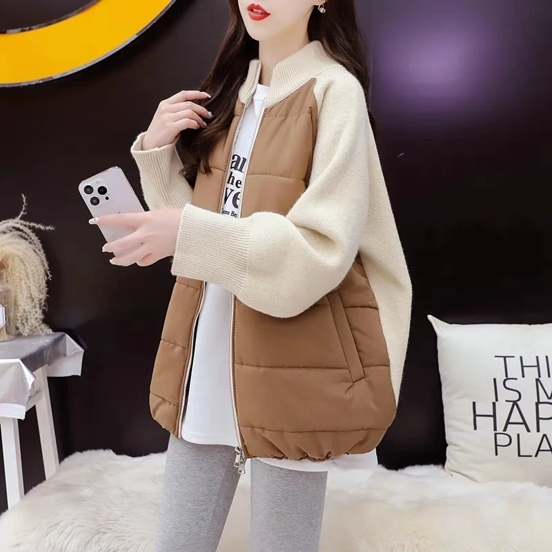 小个子棉服拼接毛衣女2025秋冬新款宽松显瘦减龄圆领针织外套女