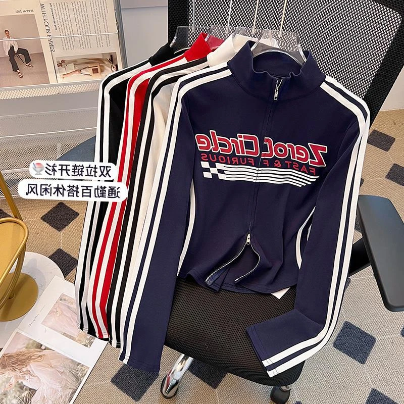 2024早秋新款美式复古立领短款印花双拉链修身长袖上衣女显瘦潮流