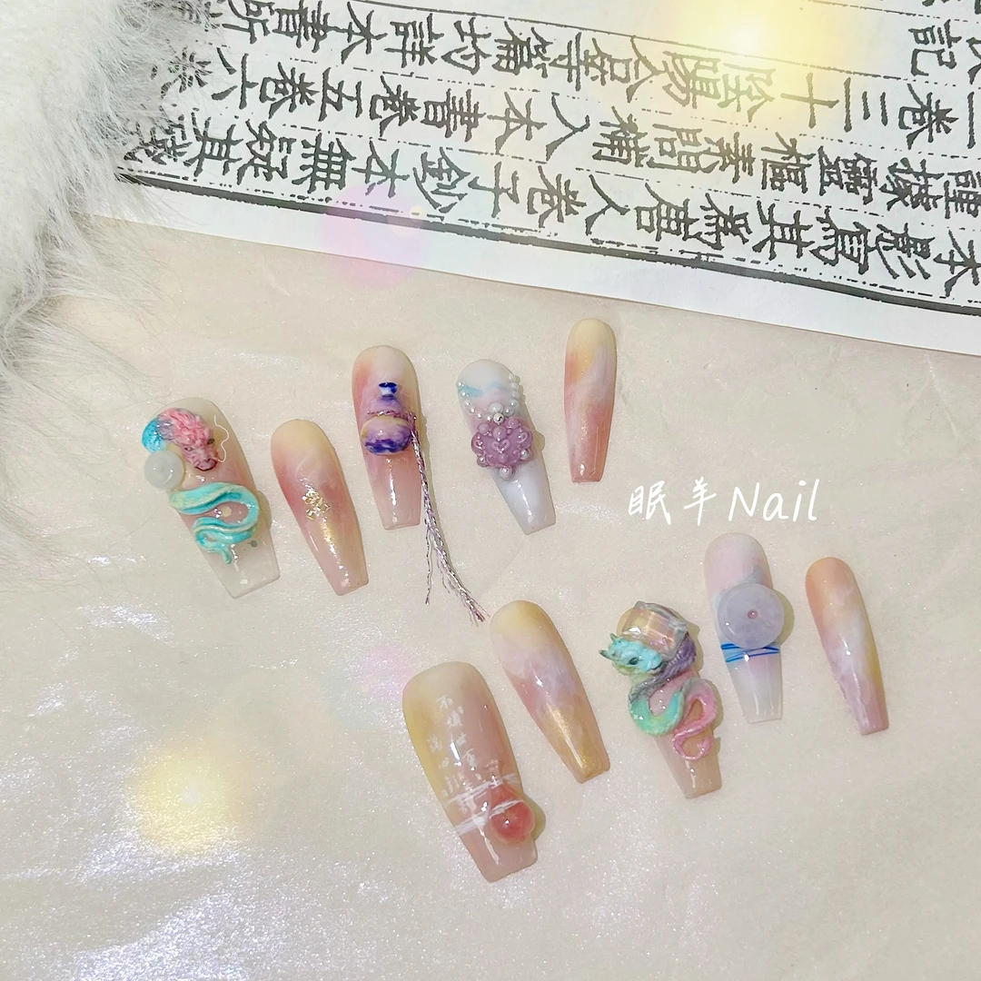 【且听龙吟】新年战甲七彩晕染立体龙年新中式纯手工穿戴甲国风美甲