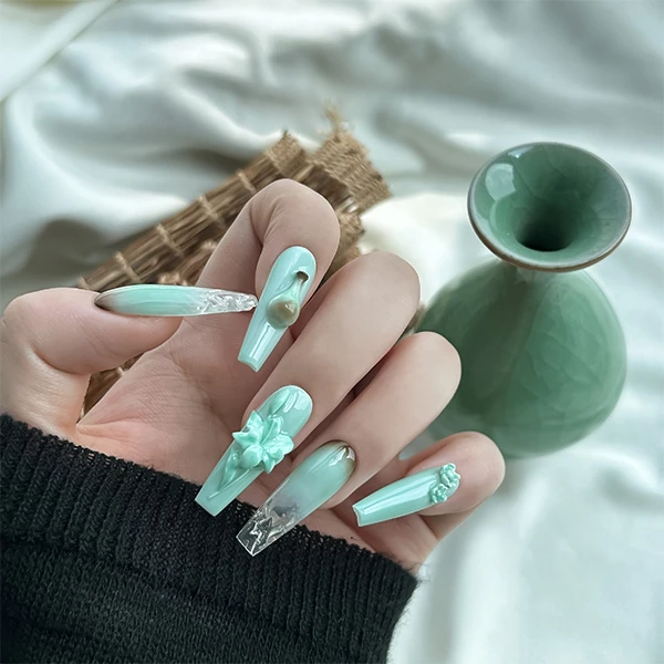 【天青汝窑】百合立体雕花瓷器冰裂美甲新中式清冷国风纯手工穿戴甲