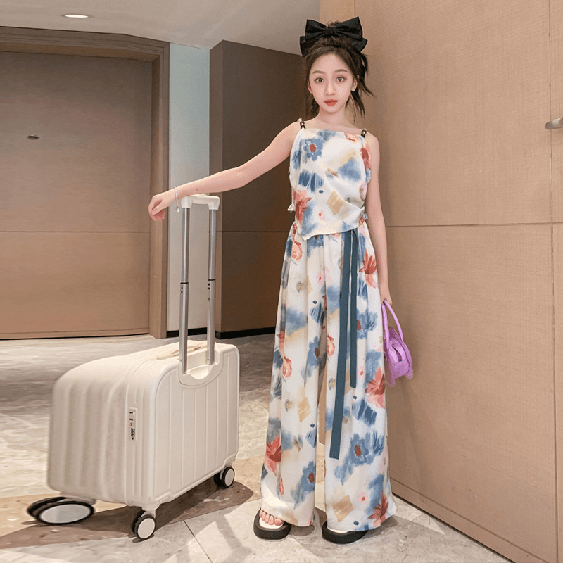 女童吊带阔腿裤套装韩版时尚洋气碎花背心直筒裤洋气两件套中大童