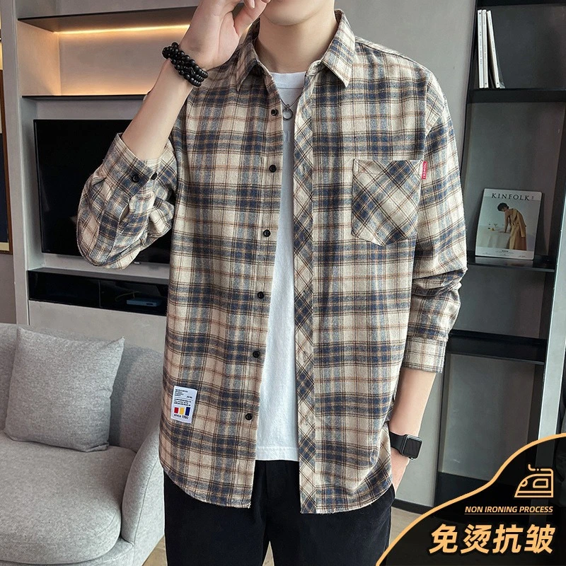 格子衬衫男士夏季薄款宽松潮牌免烫长袖衬衣春秋休闲上衣服外套男