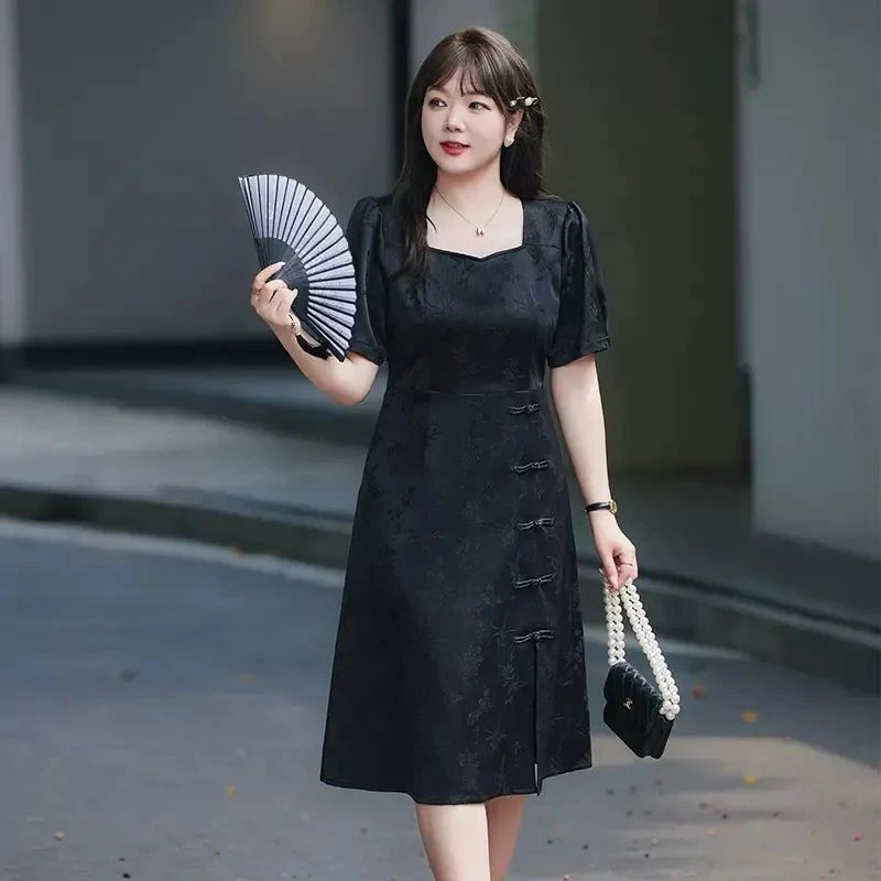夏装新款新中式大码女装胖mm显瘦连衣裙旗袍国风旗袍出游服装女