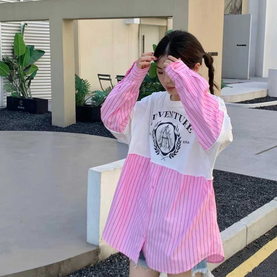 Andrea Martin  24FW新品  灰蓝拼接复古印花条纹衬衫