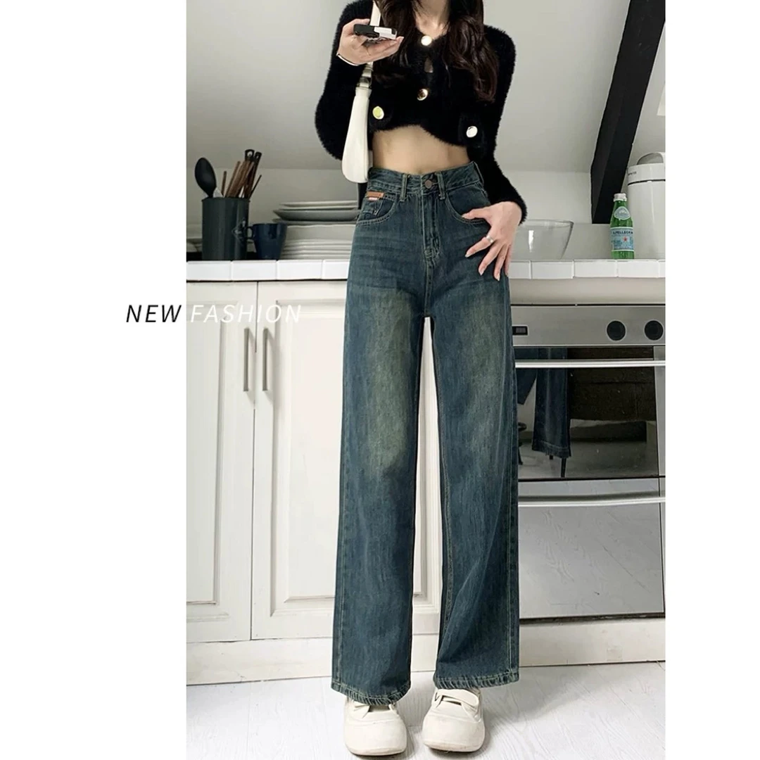 1075（A）美式复古阔腿新款高腰显瘦宽松直筒长裤