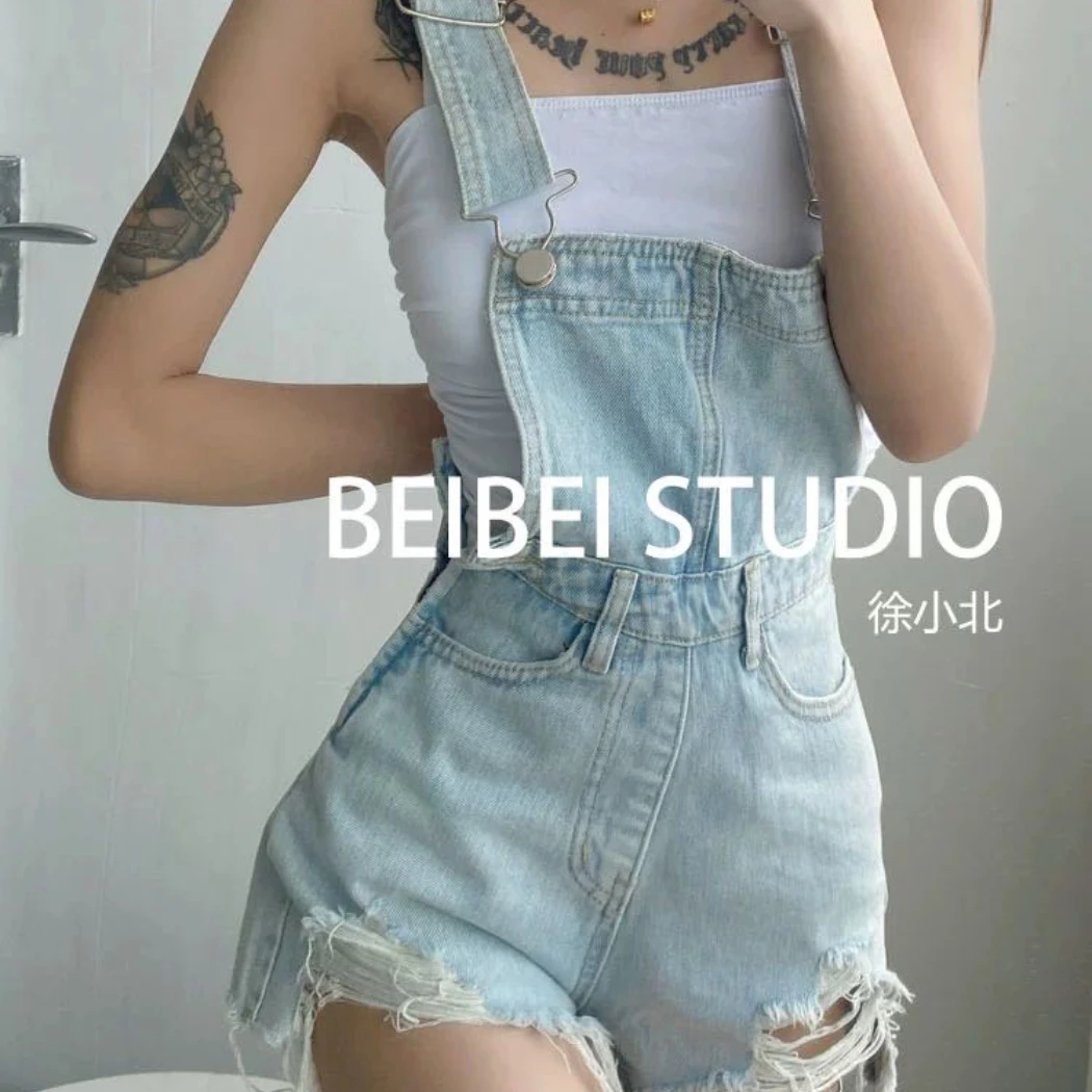 3576【宠粉福利】破洞牛仔背带短裤韩版宽松夏天薄款小个子洋