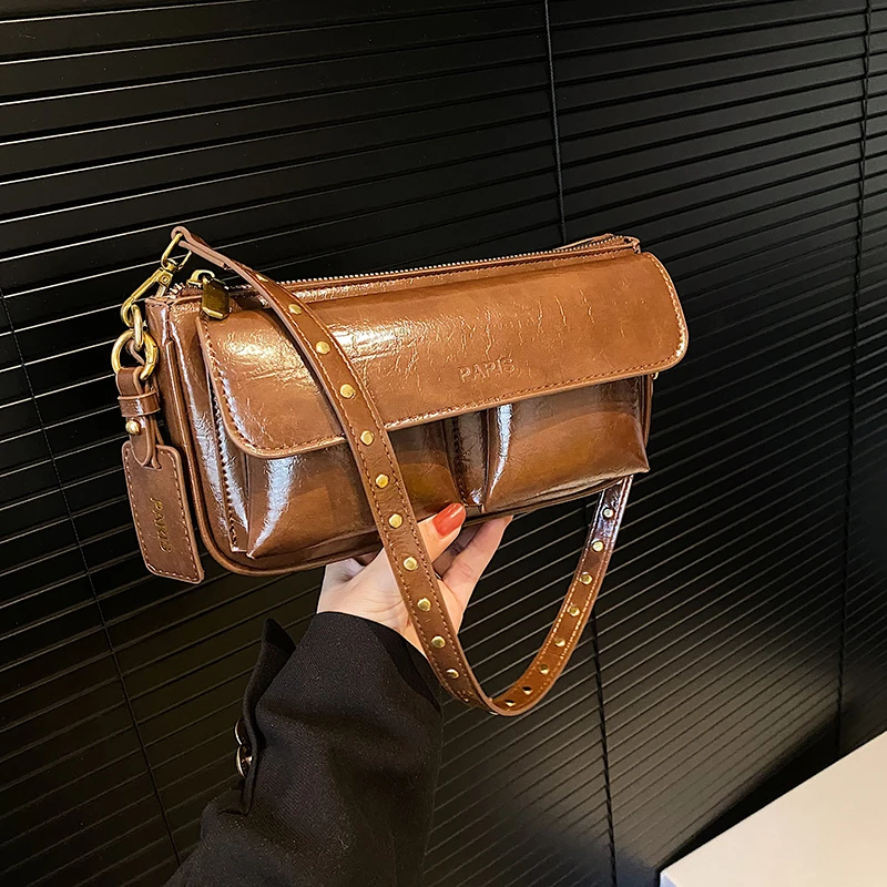 复古油蜡皮腋下小包包女2025新款礼物斜挎包夏季质感多口袋小方包