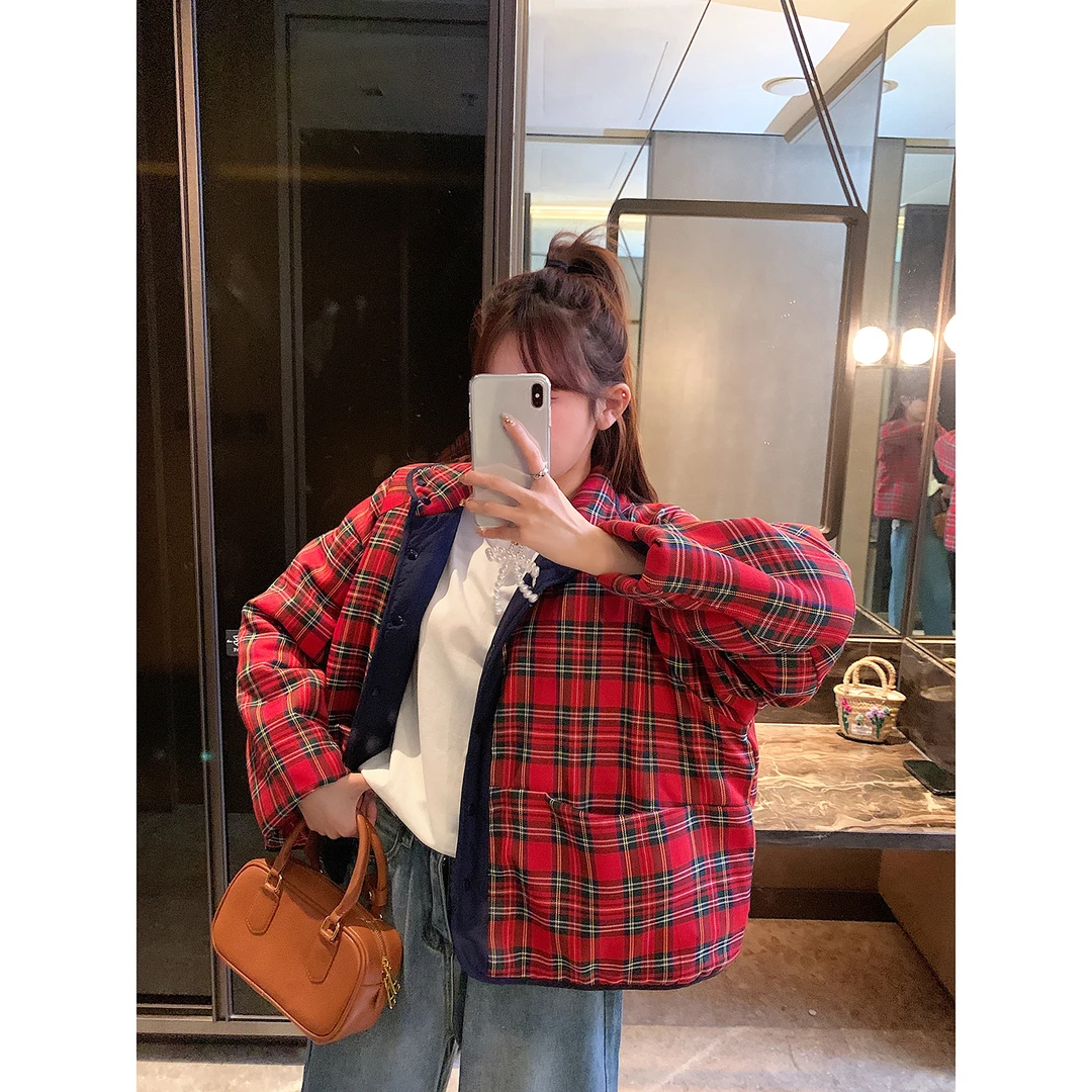 “新年款”韩国东大门新款棉服女冬小个子双面穿复古格子过年外套