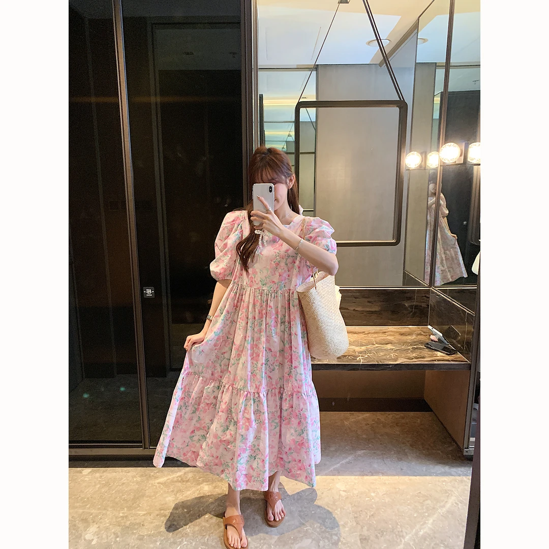 “芍药花园”韩国东大门2024春夏款法式气质方领连衣裙长裙韩版气质