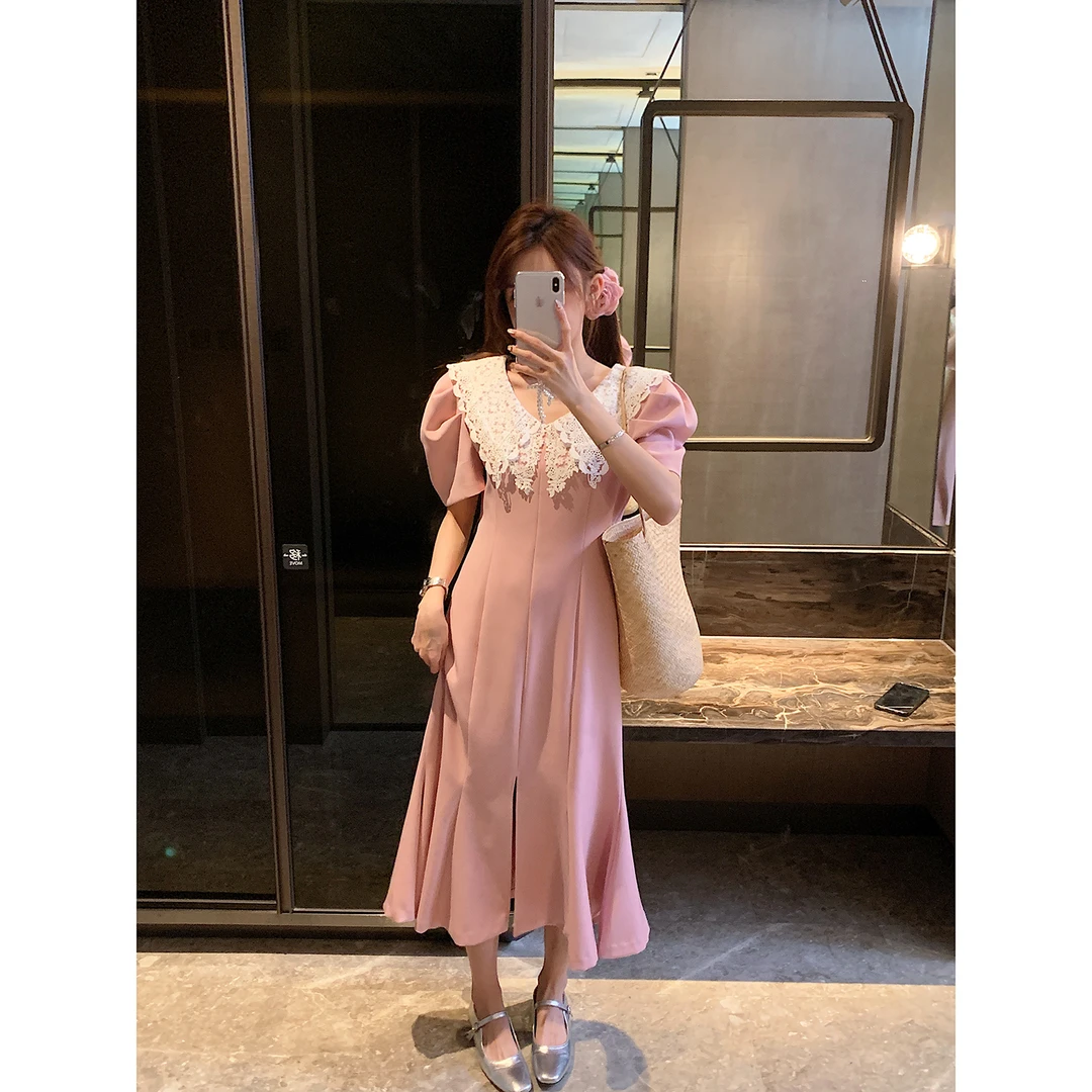 韩国东大门夏季新款气质蕾丝拼接V领高腰短袖鱼尾连衣裙长裙