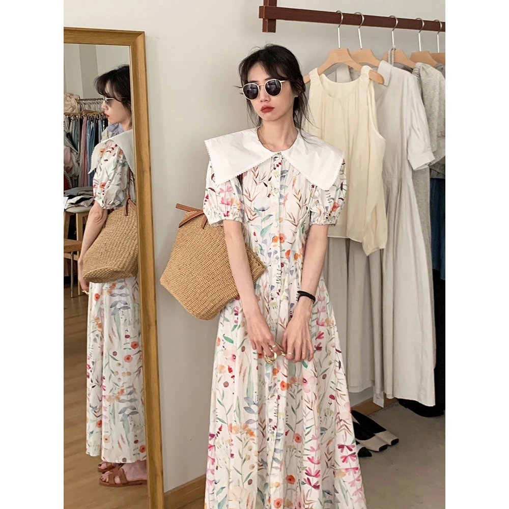 韩国东大门法式茶歇甜美翻领碎花连衣裙女夏季2023收腰显瘦长裙子