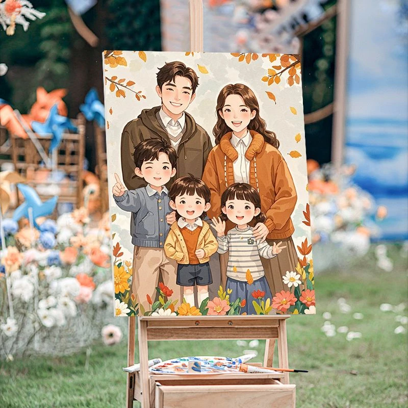 全家福卡通数字油画diy填色简单手工填充手绘一家三口油彩画画