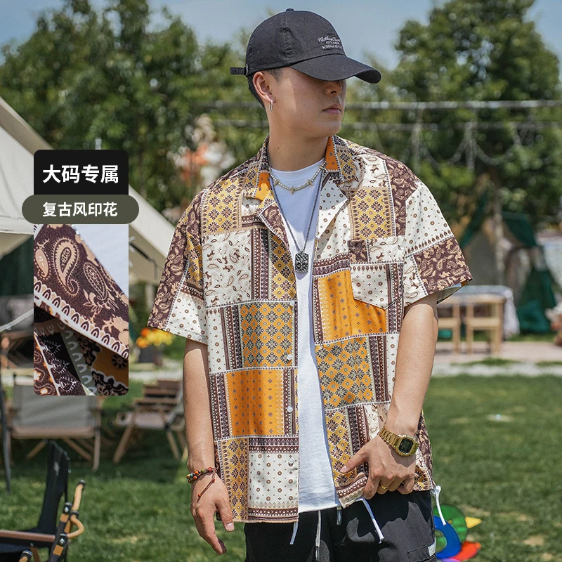 徐天霸衬衫大码男士夏季新款日系衬衣复古古风宽松印花复古风