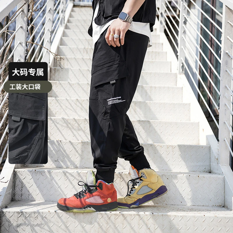 徐天霸大码男装黑色工装束脚裤