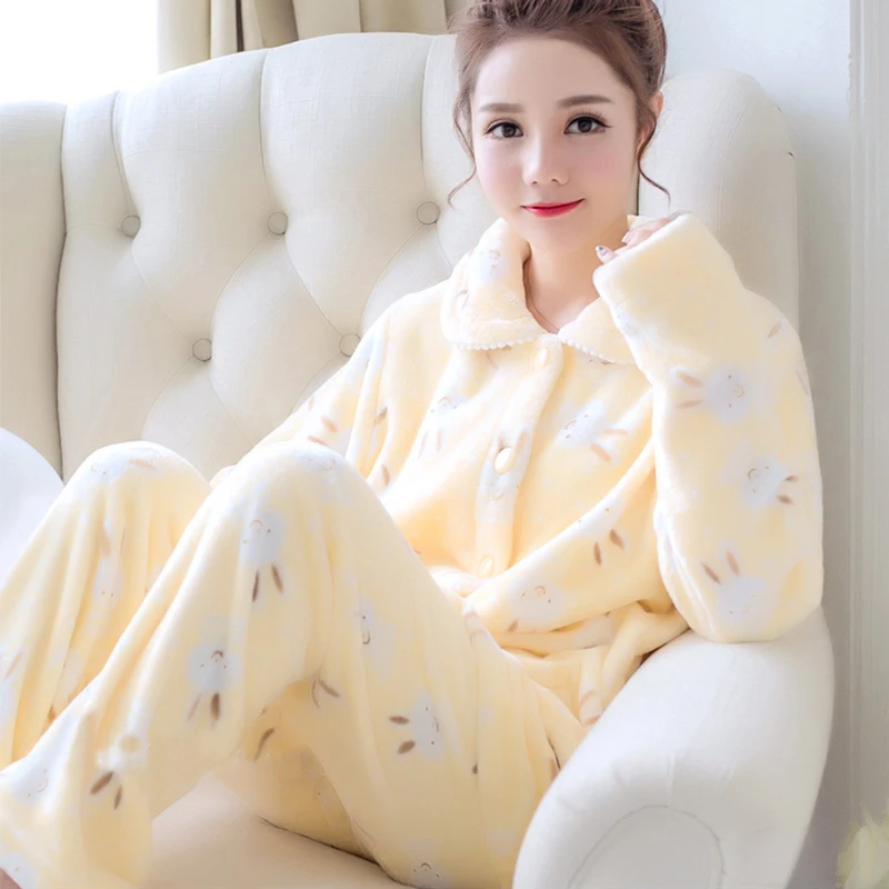 珊瑚绒睡衣女秋冬季女士加厚加绒法兰绒长袖开衫家居服套装可外穿