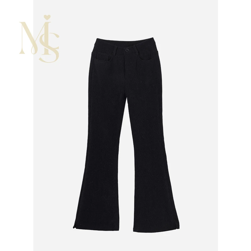 【游鹿鹿】时髦腿精雪尼尔抓绒微喇叭裤（无弹力） E11116