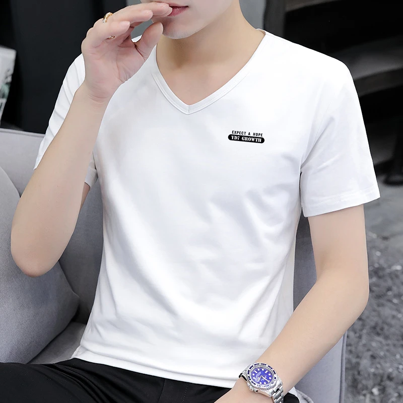 男装白色95棉V领短袖t恤男士透气修身休闲韩版体恤半袖上衣打底衫