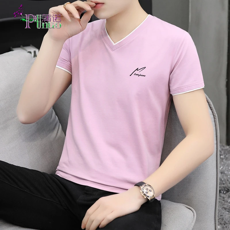 高品质夏季95棉短袖t恤男装V领粉色半袖透气凉感汗衫休闲打底上衣
