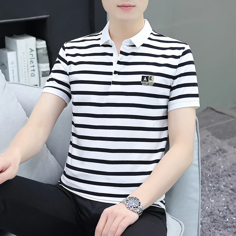 男士polo衫短袖翻领条纹时尚潮流休闲半袖运动修身帅气薄款上衣服